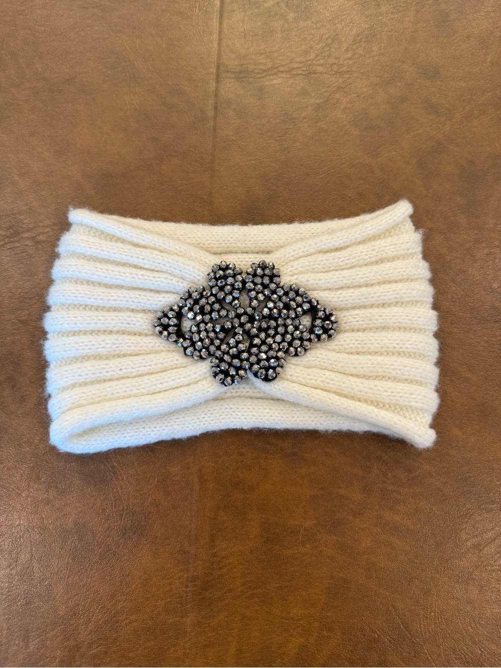Crystal-Embellished Cream Knit Headband